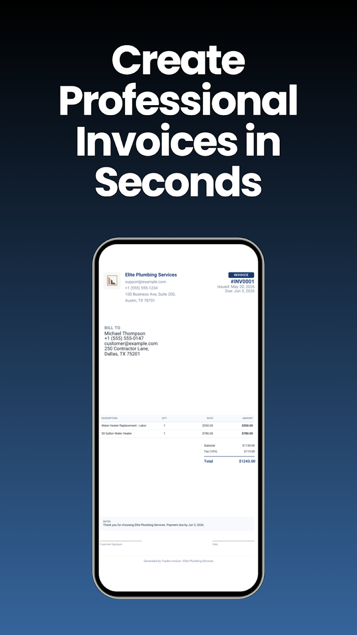 Invoice for Trades Mobile Screen